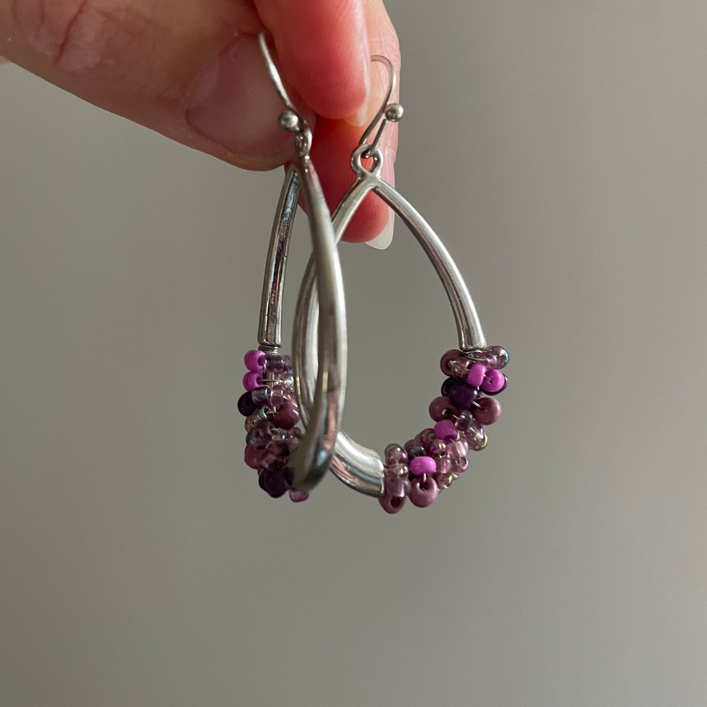 Silver Teardrop Hoop Earrings Beaded‎ Purple Pink Cluster Dangles Y2K Early2000s